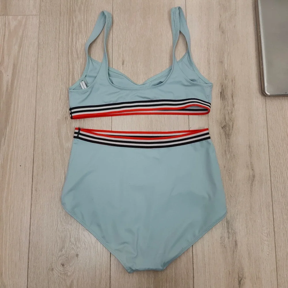 Solid &‎ Striped Womens Bikini Large Blue High Waisted Striped Trim Sporty Retro